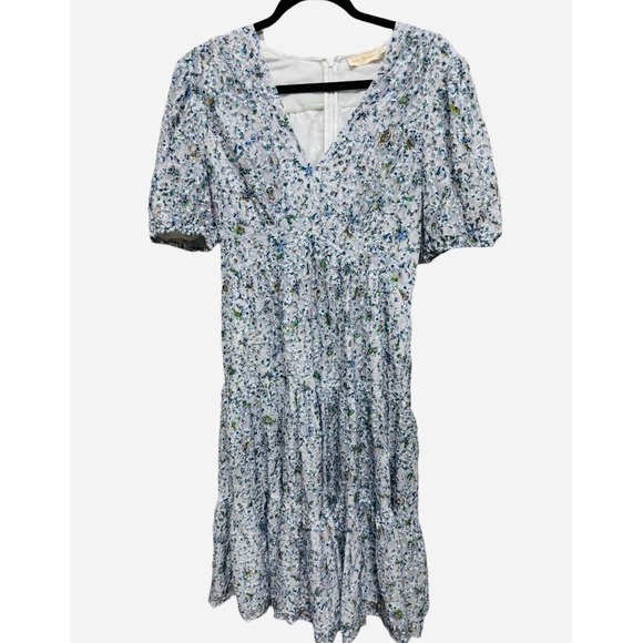 Tory Burch Light Blue Floral Lace Lined Tiered VNeck Midi Dress Size 8 - Picture 2 of 7